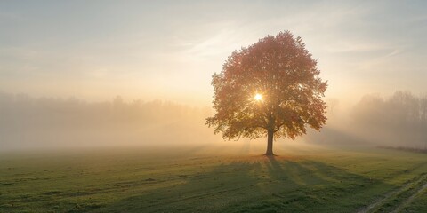 Misty morning scene with maple trees in the foreground for landscape photography, seasonal change