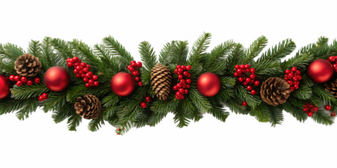 Christmas garland with pine cones and red ornaments isolated on transparent background