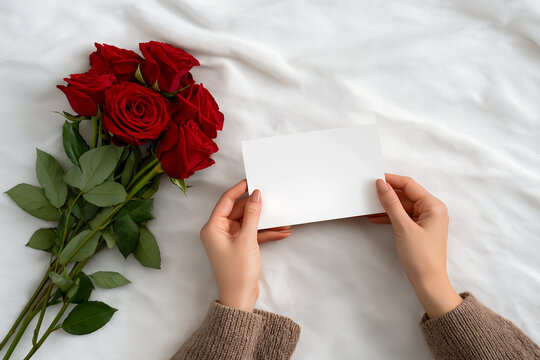 Close-up of hands placing a Valentine's Day card and red rose bouquet on a clean white surface, modern flat-lay aesthetic, bright natural lighting, crisp commercial look - Powered by Adobe
