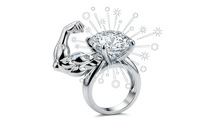 Conceptual image of a strong diamond engagement ring with a flexing bicep arm, isolated on white background