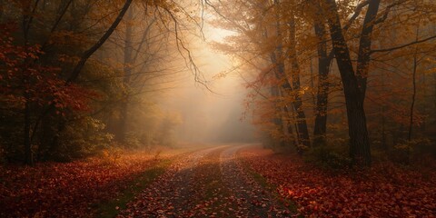 Golden fall leaves cover a tranquil forest trail on a foggy morning, emphasizing seasonal change