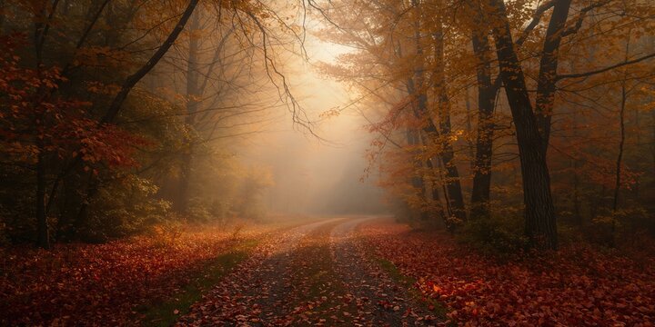 Golden fall leaves cover a tranquil forest trail on a foggy morning, emphasizing seasonal change - Powered by Adobe