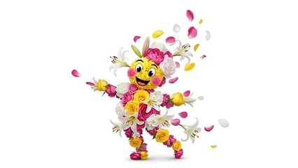 Fototapeta premium Cheerful cartoon character made entirely of colorful fresh spring flowers isolated on white background