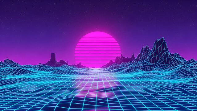 Vibrant retro-futuristic digital landscape featuring a glowing grid ground plane, abstract wireframe mountains, and a brilliant magenta sun under a purple starry sky, evoking a nostalgic 80s