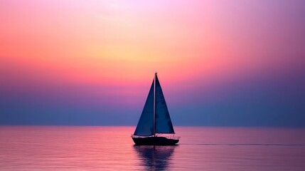 Tranquil Serenity at Sea A Sailboat Gliding Across a Pastel Ocean Horizon at Sunrise