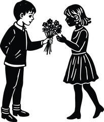 Silhouette vector illustration of a loving couple holding flowers, perfect for a romantic Valentine's Day or family celebration