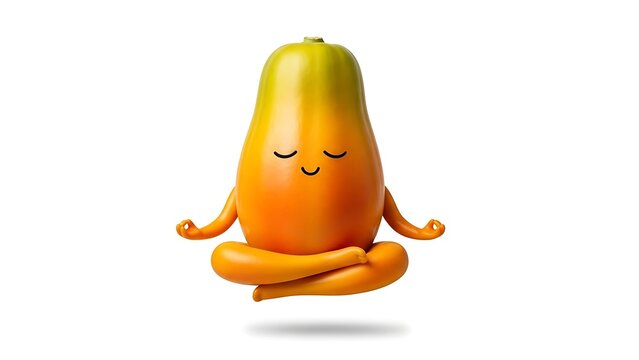 Cute 3d rendered papaya fruit character meditating in lotus position with eyes closed isolated on white background