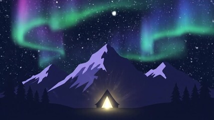 Experience the mesmerizing spectacle of the northern lights, as vibrant colors paint the night sky above majestic mountains and a glowing tent, an unforgettable wilderness journey
