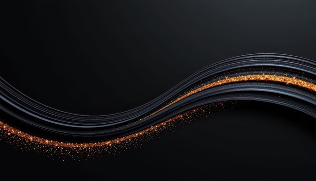 Flowing Black Waves with Glittering Golden Particles on a Dark Background for Elegant Designs and Creative Projects
