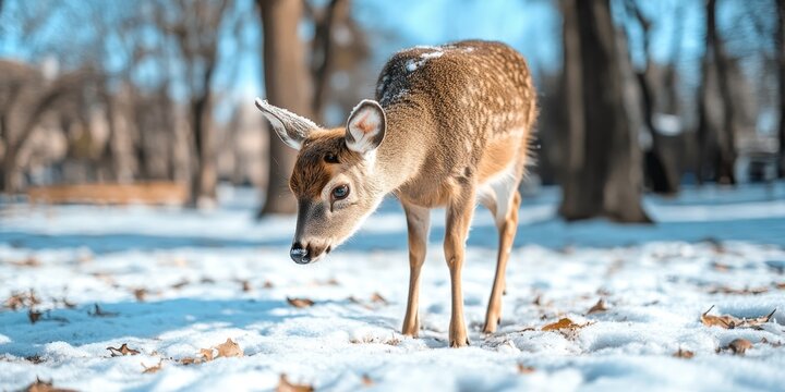Young White-tailed Deer Foraging in a Snowy Field During Winter, Embracing Nature s Tranquility