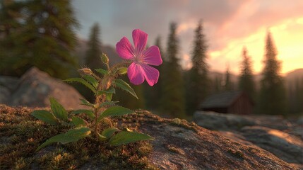 Pink Flower In Mountains At Sunset