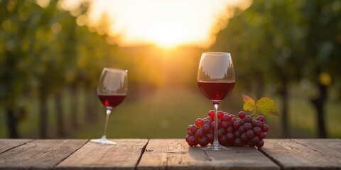 Naklejka premium Two glasses of red wine and a bunch of ripe grapes on a table in a vineyard at sunset, highlighting harvest season and wine production,