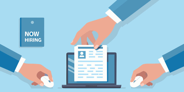 Reviewing job applications on a laptop with hands and mouse illustration