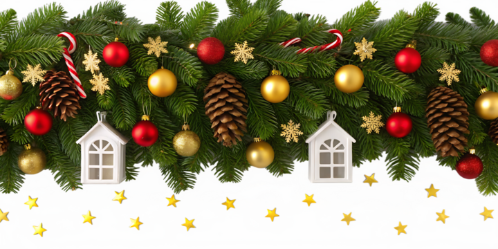 Christmas garland with ornaments and stars isolated on transparent background