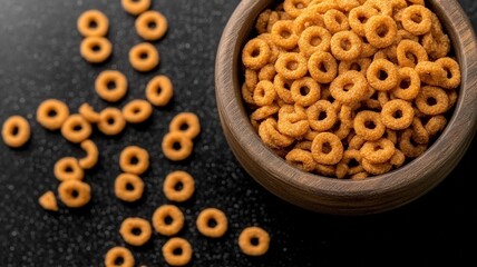 Cereal Rings in Wooden Bowl on Dark Background, Healthy Breakfast Snack for Food Packaging Recipe Promotion Banner Design