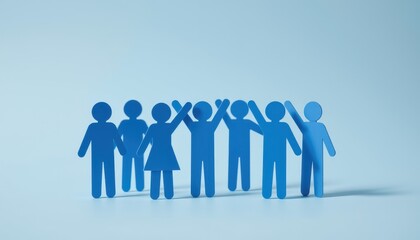 Blue Paper Cutout People Group Celebrating Together with Hands Raised on Solid Color Background