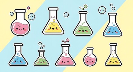 set of laboratory flasks with colorful liquid