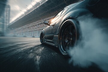 a car performing a drifting maneuver, with smoke billowing from the wheels on a race track.