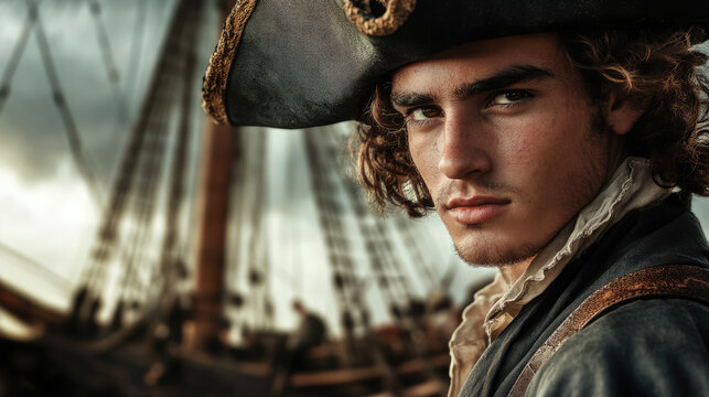 Pirate in a hat on an old sailing ship, male captain at sea, man on deck, mast, sails, sailor in 18th century clothing