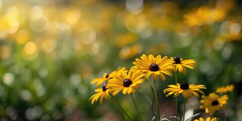 Yellow daisies sway gently in the breeze, their golden petals shimmering in sunlight, with dark brown centers, ideal for floral background design