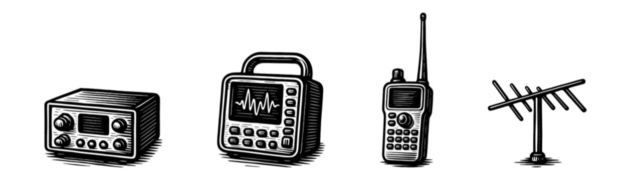 Radio communication and signal monitoring vintage engraving icons set