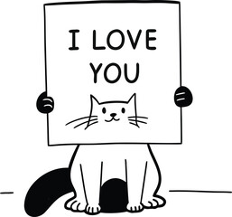 Black cat silhouette kitten vector illustration with a sign for new year funny cartoon art