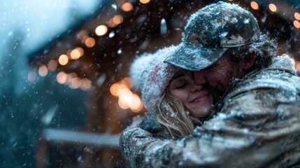 A heartwarming scene of a couple tightly embracing amidst falling snow, capturing love and warmth in a picturesque winter setting adorned with cheerful lights.