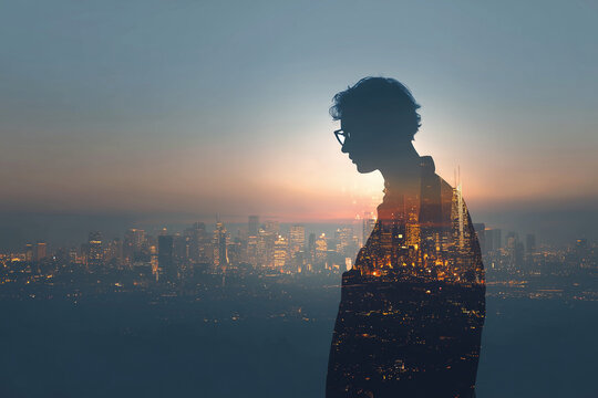 A thoughtful man gazes into a city skyline while contemplating technology and innovation in a digital world at dusk