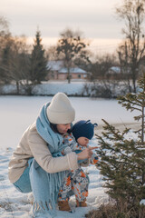 Mother and Baby in Winter Wonderland copy space