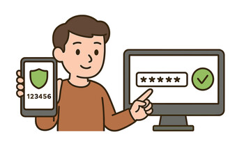 User completing secure login process with mobile phone verification code and computer