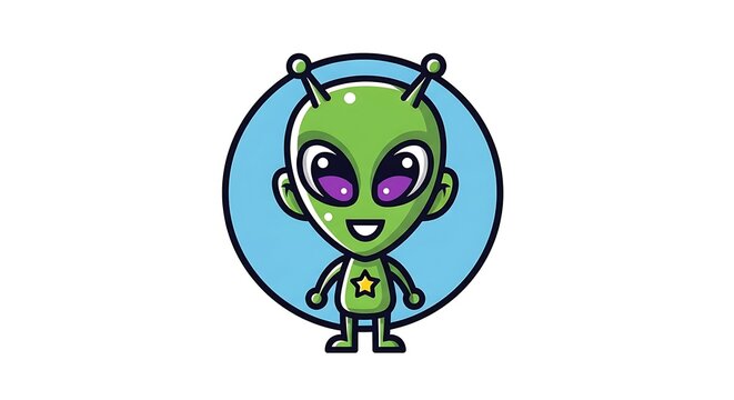 smiling green cartoon alien character with purple eyes, in blue circle, for sticker or sticker sheet or illustration