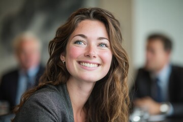 Portrait of a smiling young businesswoman in a corporate setting, with colleagues blurred in the background during a meeting.