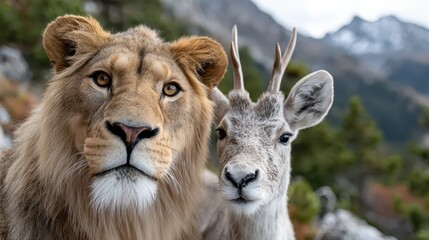 Obraz premium A lion and an antelope share a striking moment in a natural setting, showcasing the beauty and contrast of these powerful animals amidst a majestic landscape.