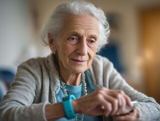 Portrait of a senior woman looking at her watch at home.