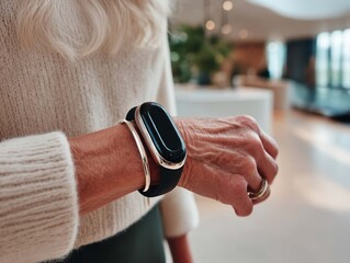 cropped view of senior woman using smartwatch in modern living room