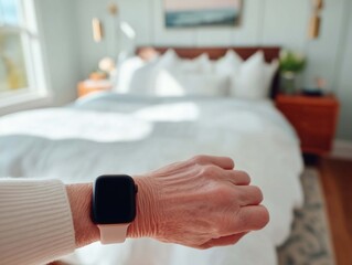 Female hand with smartwatch on the background of the bed in the bedroom