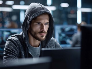 Hacker in hoodie looking at camera while using computer at night