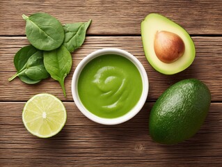 Avocado, spinach and lime on wooden table. Top view with copy space