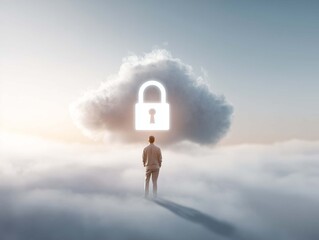 A young man looks at a virtual security cloud. Cybersecurity concept.