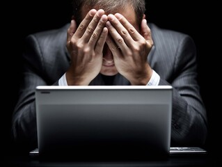 Portrait of a young businessman sitting at his desk and covering his face with his hands