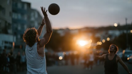 A dynamic moment captured during a street basketball game at sunset, showcasing athleticism and the joy of outdoor sports amidst an urban backdrop as the day ends.