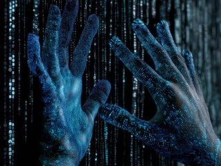 Close up of businessman hands using digital screen with binary code. 