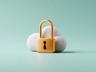 Cloud computing security concept with golden padlock and cloud on turquoise background
