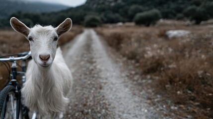 Obraz premium A curious white goat stands next to a bicycle on a gravel path, set against a backdrop of rolling hills and soft, muted colors capturing a serene rural vibe.