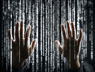 Close up of businessman hands using digital screen with binary code. 