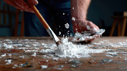 An artistic close-up of paint splatters and a brush on a table, encapsulating the excitement and spontaneity of creative expression in a vivid and colorful manner.