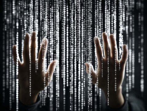 Close up of businessman hands using digital screen with binary code. 