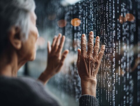 Close up of businessman hands using digital screen with binary code. 