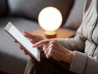 Elderly woman using a digital tablet at home in the evening