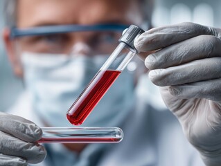 Scientist holding a test tube with red liquid in the laboratory.